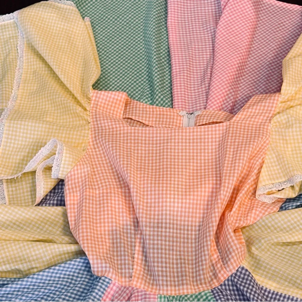 Vintage 70s Colorful Square Dance Full Circle Rockabilly Angel Sleeve Dress M - Picture 7 of 8